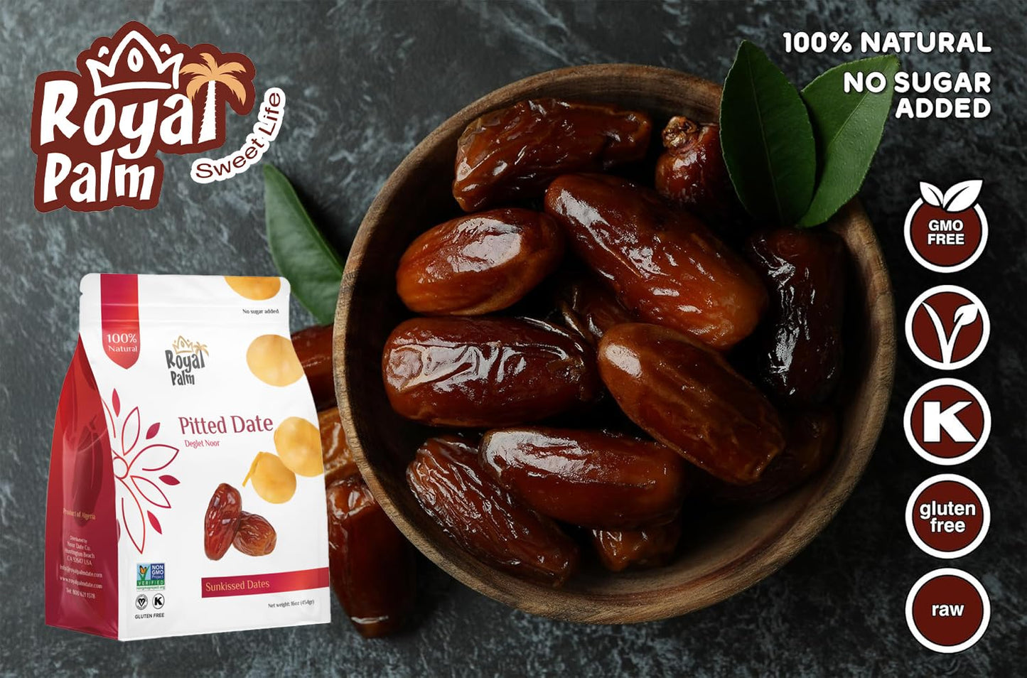 Royal Palm Deglet Noor Dates - Natural Dried Pitted Dates, Non-GMO, Kosher, 16oz (1 Pound) Bulk Pack