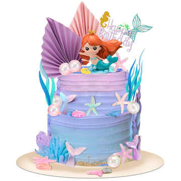 25 Pcs Mermaid Under The Sea Cake Toppers Kit With Little Resin 3D Mermaid Seaweed Palm Leaves Bubble Starfish Shell Mermaid Tai
