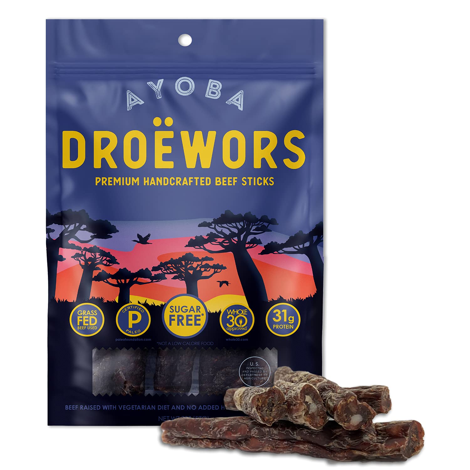 Ayoba Droewors Beef Sticks - Grass Fed Keto And Paleo Certified Air-Dried Sausages - Whole 30 Approved No Sugar Gluten Free No N