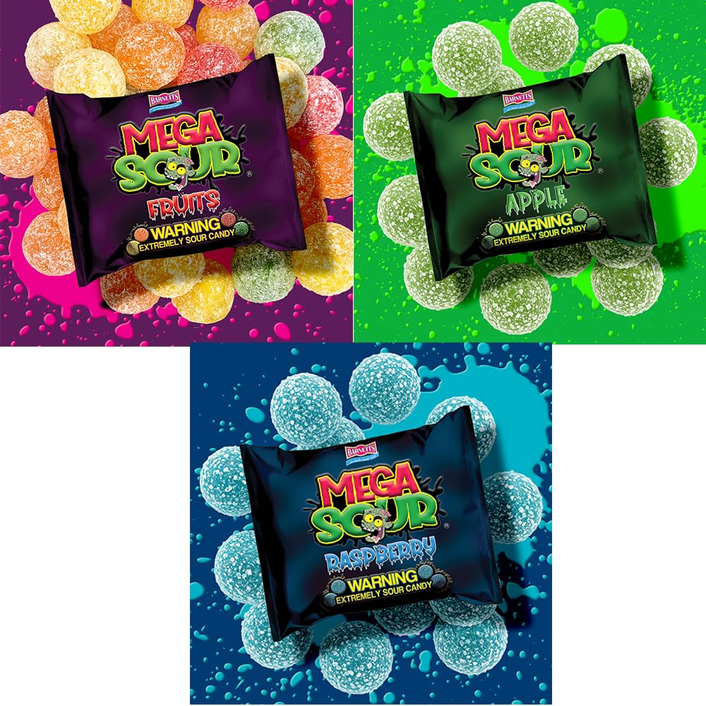 3 Pack Bundle Barnett Sweets Mega Sour Candy - Raspberry | Fruits | Apple - Trendy Sweet Bags - Traditionally Handmade Sweets -
