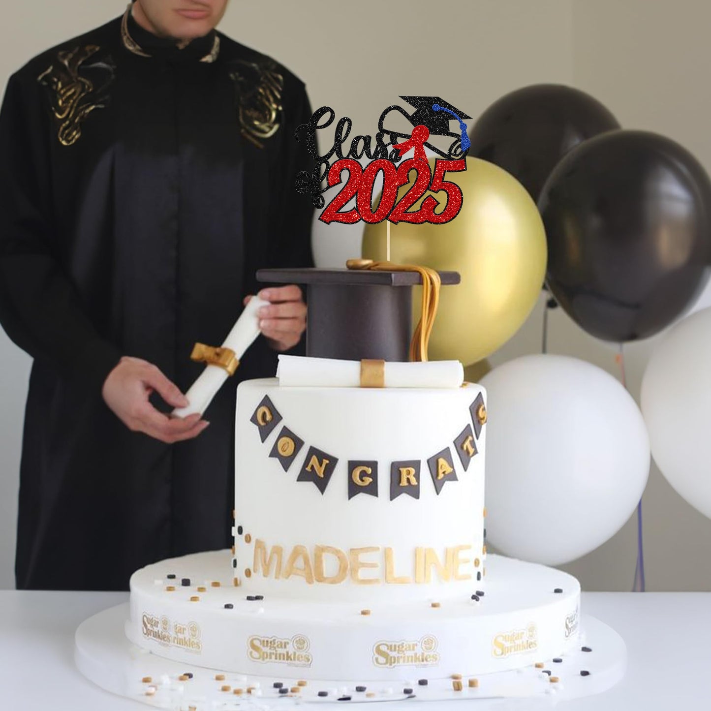 Gyufise 1 Pack Red Class Of 2025 Cake Topper Glitter Congrats Grad Cap Cake Pick 2025 Graduation Theme Party Cake Decorations