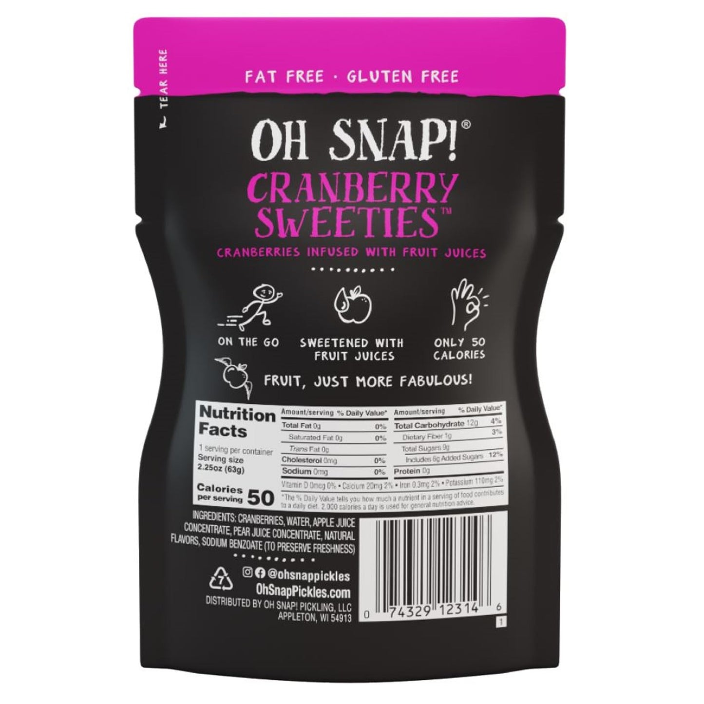 Oh Snap! Cranberry Sweeties - 12 Pack Infused Cranberry Snacks - Gluten-Free, Fat-Free, Ready to Eat