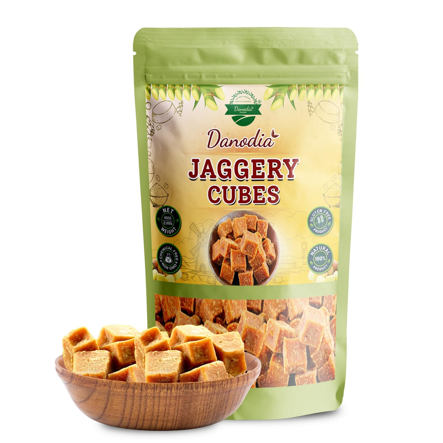 Danodia Foods Organic Jaggery Cubes, 1 lb (450g), Pure & Natural Sweetener, Vegan, Gluten-Free, Brown