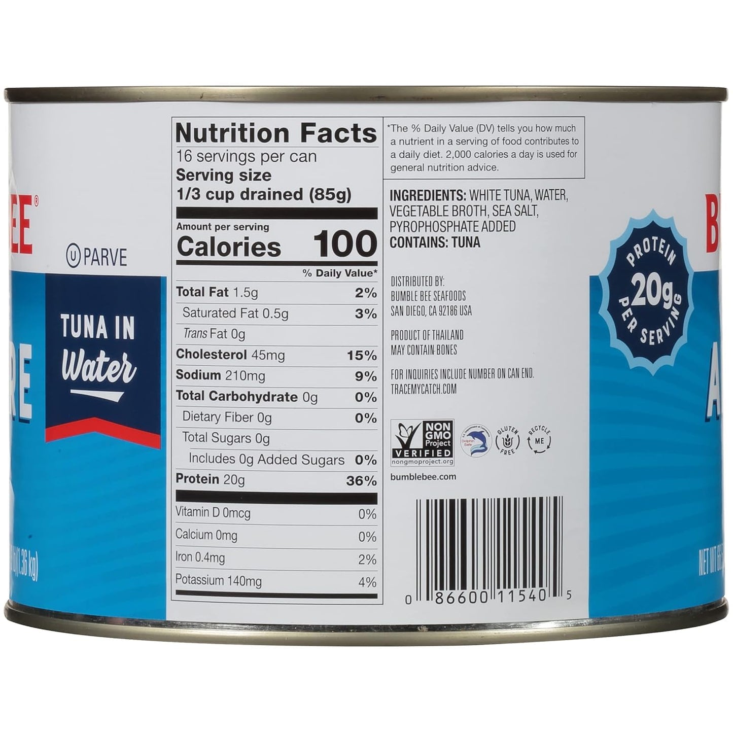 Bumble Bee Chunk White Albacore Tuna in Water, 66.5 oz, Wild Caught, High Protein, Omega-3s, Non-GMO, Gluten Free, Kosher