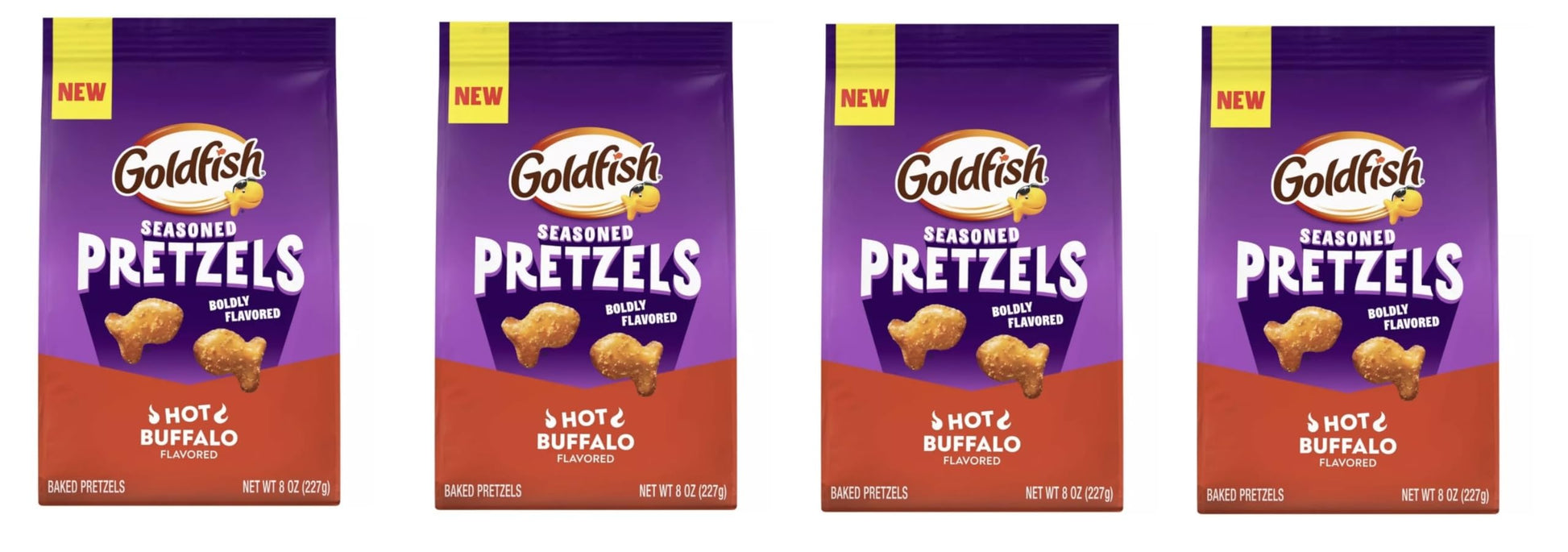 Goldfish Crackers - 4 bags - Free of Dyes (Hot Buffalo Seasoned Pretzels 8oz)