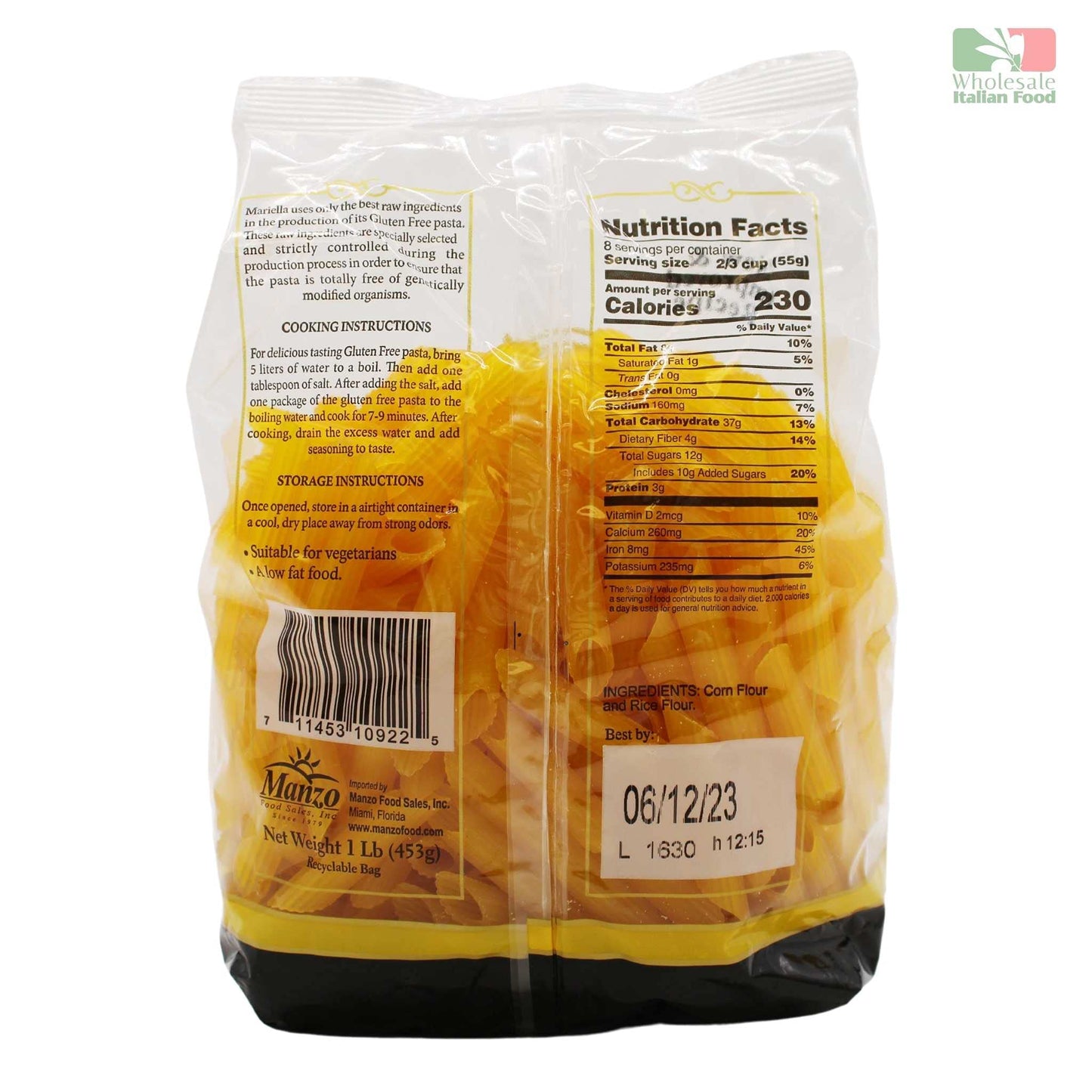 Mariella Gluten Free Penne Rigate Pasta, Rice and Corn Flour, 12 Pack x 1 lb