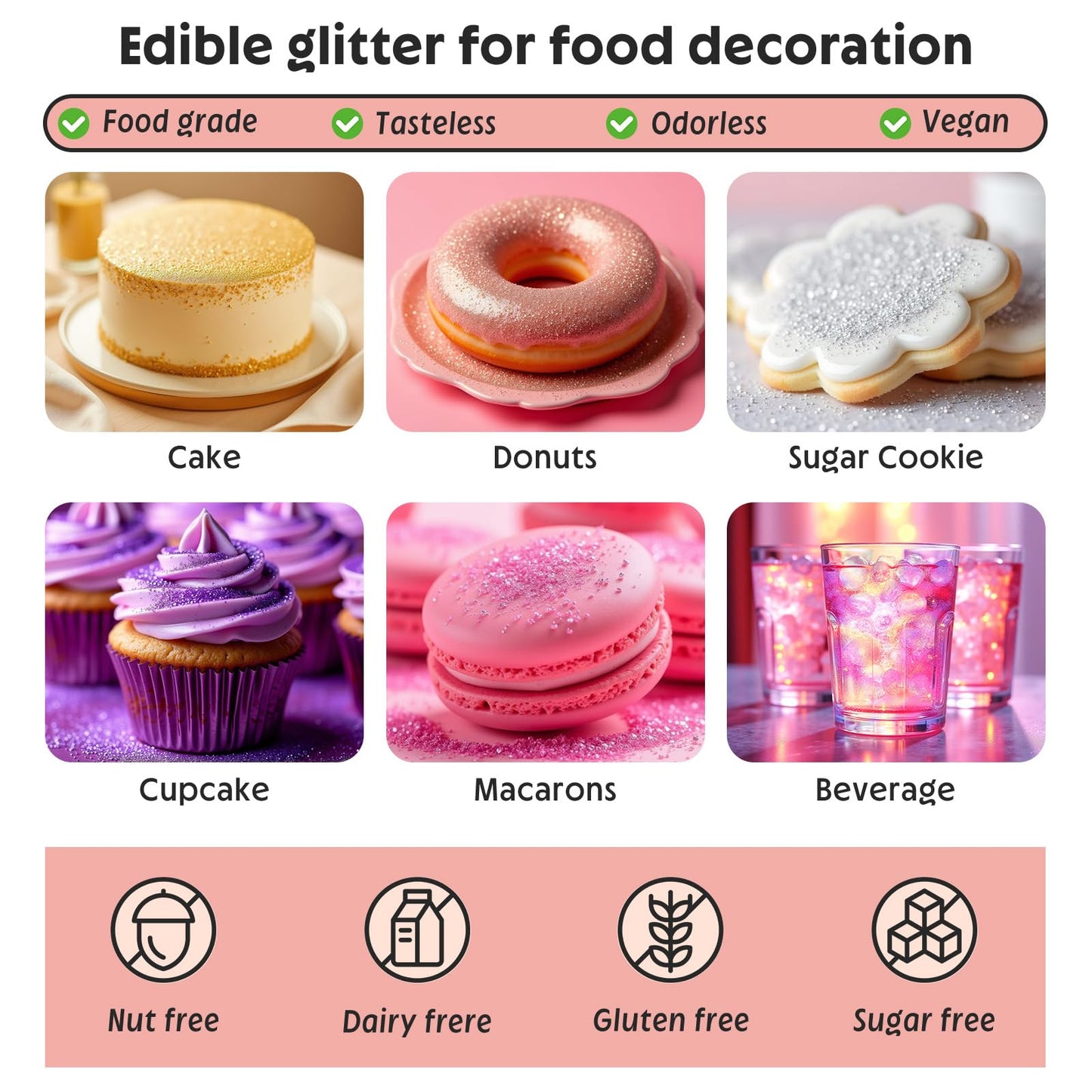 Edible Glitter Spray,Food Grade 5G Edible Glitter For Cake Decorating Desserts, Beverages, Cupcakes, Cake Pops And Cookies - Ros