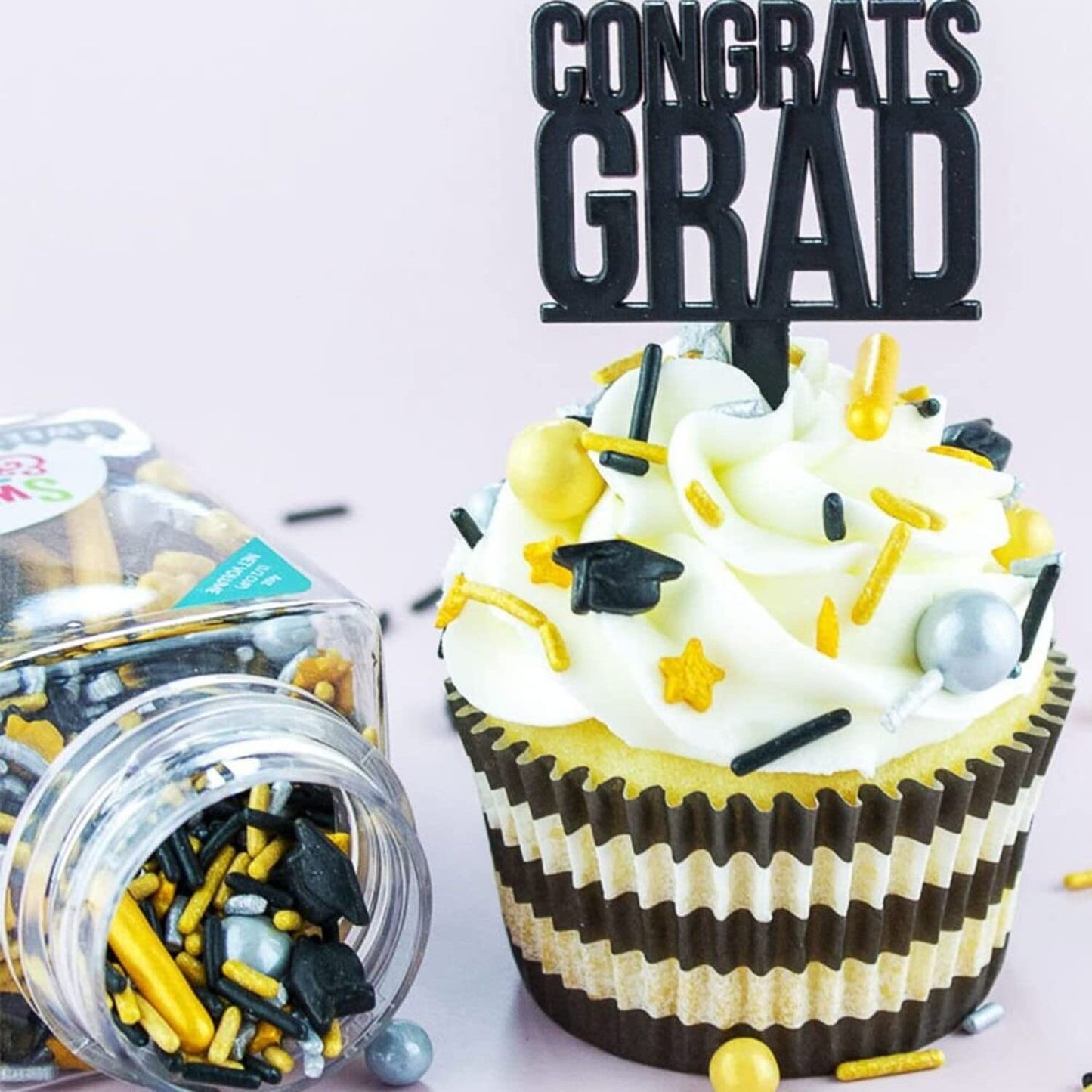 Edible School Graduation Sprinkles Decoration For Class Graduations, Hat Sprinkles For Ice Cream Cake Decorating Cupcake Confetti Cookies Donut Fancy Gold Silver Black Jimmies Quins Pearl Sprinkles