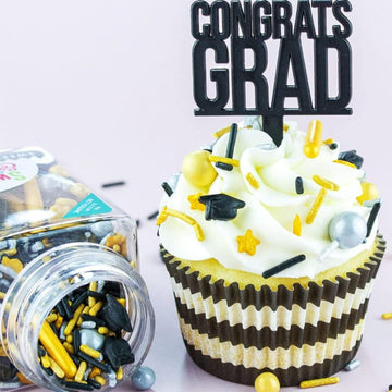 Edible School Graduation Sprinkles Decoration For Class Graduations, Hat Sprinkles For Ice Cream Cake Decorating Cupcake Confetti Cookies Donut Fancy Gold Silver Black Jimmies Quins Pearl Sprinkles
