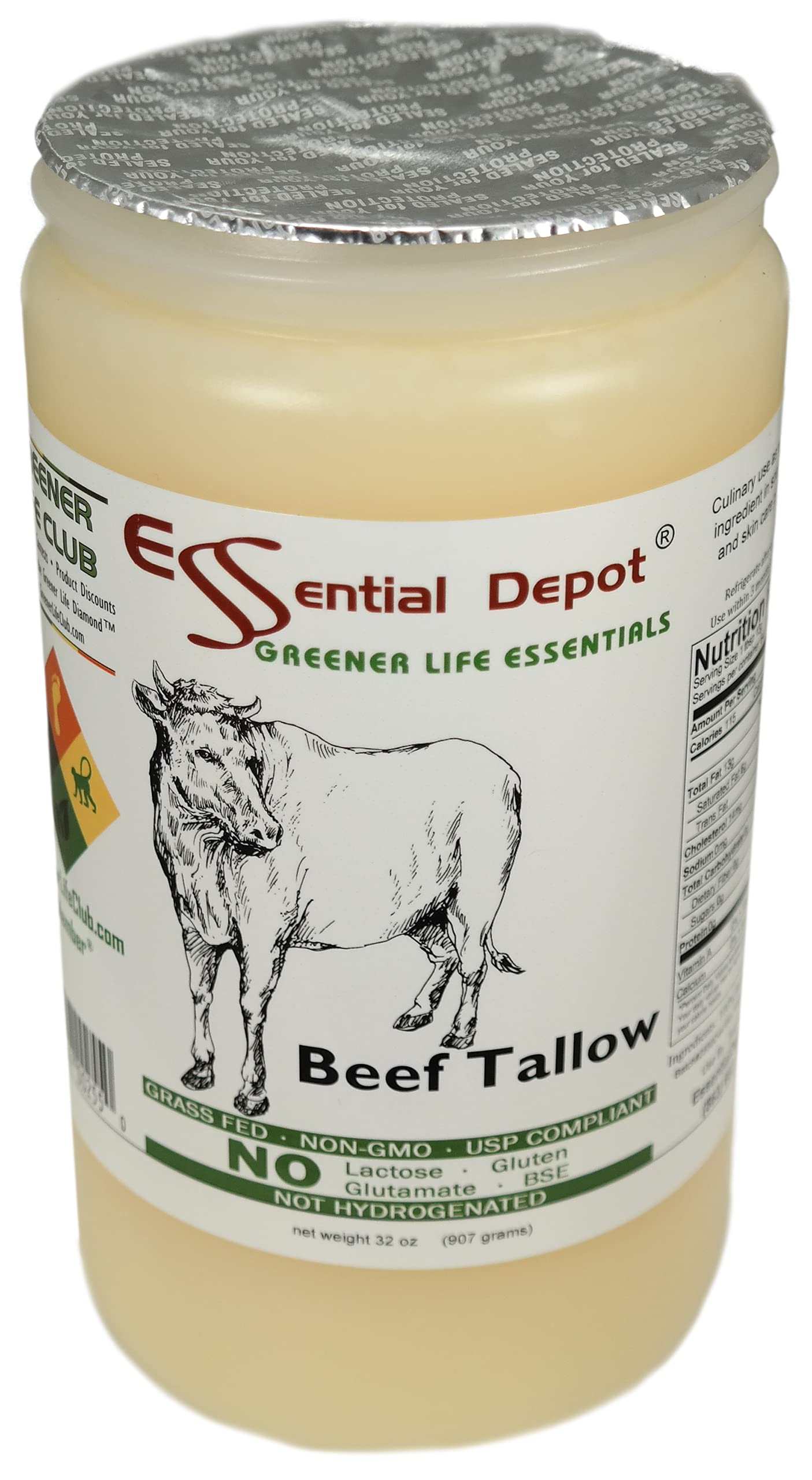 Beef Tallow - 1 Quart (32 oz nt wt) - Grass Feed - Non-GMO - Keto Friendly - Food Grade - FREE from LACTOSE-GLUTEN-GLUTAMATE-BSE