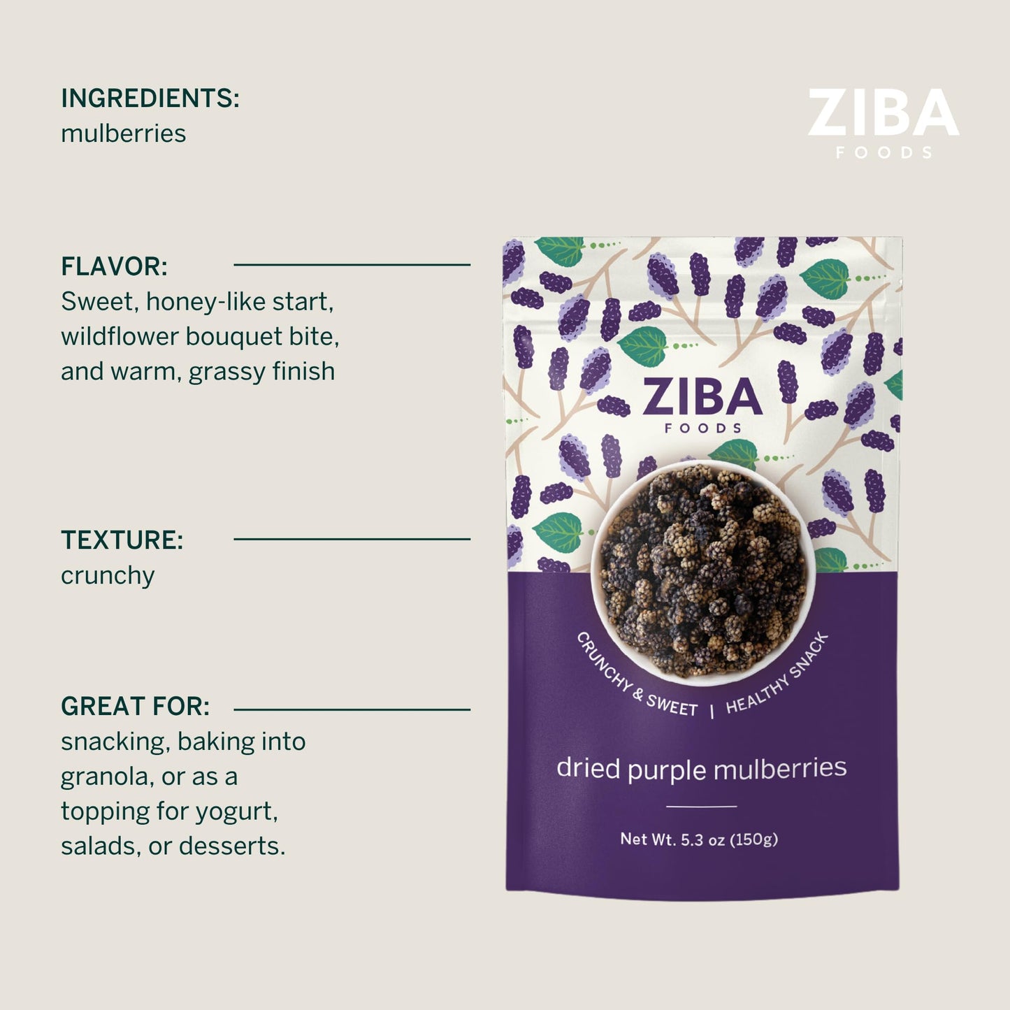 Ziba Foods Dried Purple Mulberries, Non-GMO, Vegan, 5.3 oz Pack
