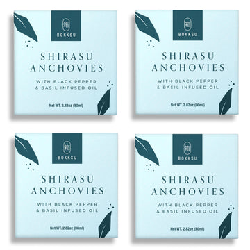 Bokksu Tinned Anchovies with Black Pepper & Basil Oil - 4-Pack, Authentic Japanese Canned Fish for Onigiri, Rice, Salads, Pasta, Pizza