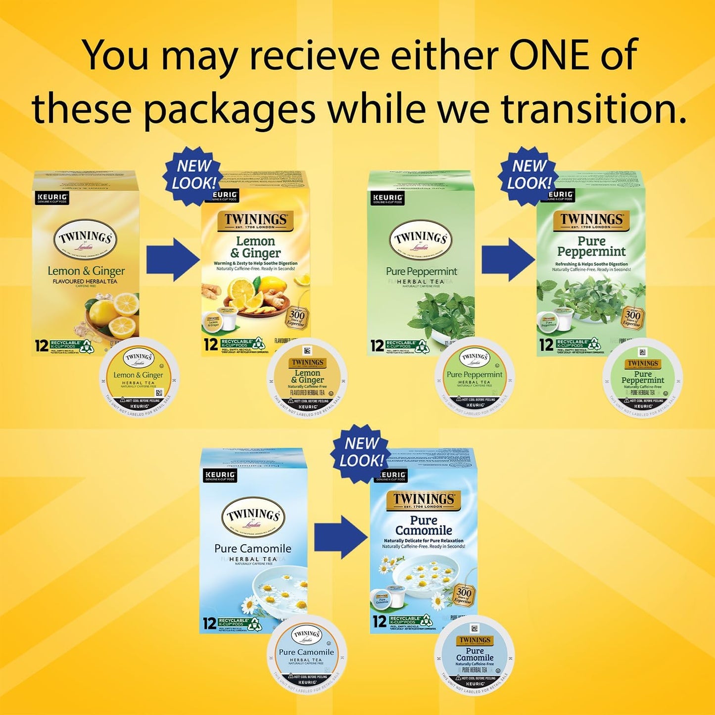 Twinings Herbal Tea K-Cup Pods for Keurig  Variety 3-Pack - Pure Peppermint  Pure Camomile + Lemon & Ginger Tea K-Cups  Naturally Caffeine-Free  12 Count Each