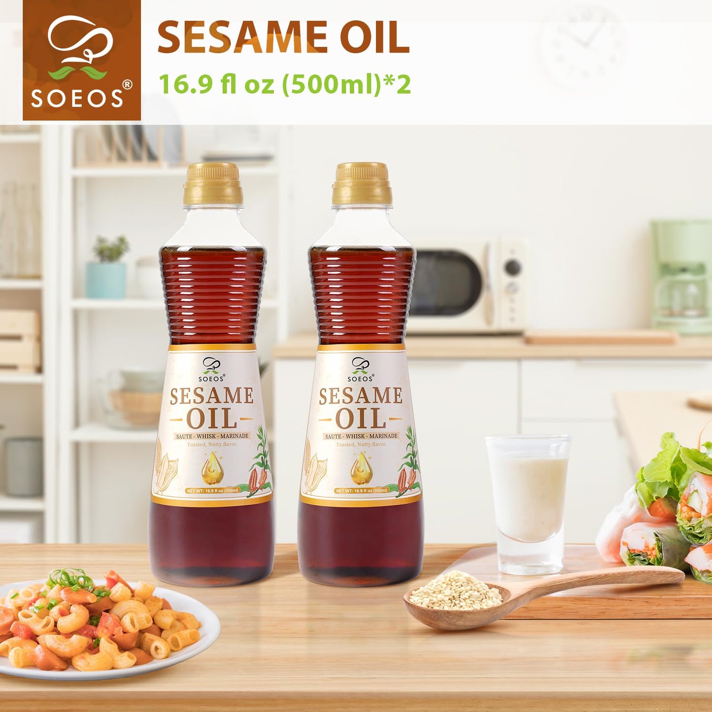 Soeos Sesame Oil, Toasted Sesame Seed Oil, 16.9 Fl Oz (500 Ml) Pack Of 2, Nutty Flavor, Perfect For Asian Food, Noodles, Soup, B