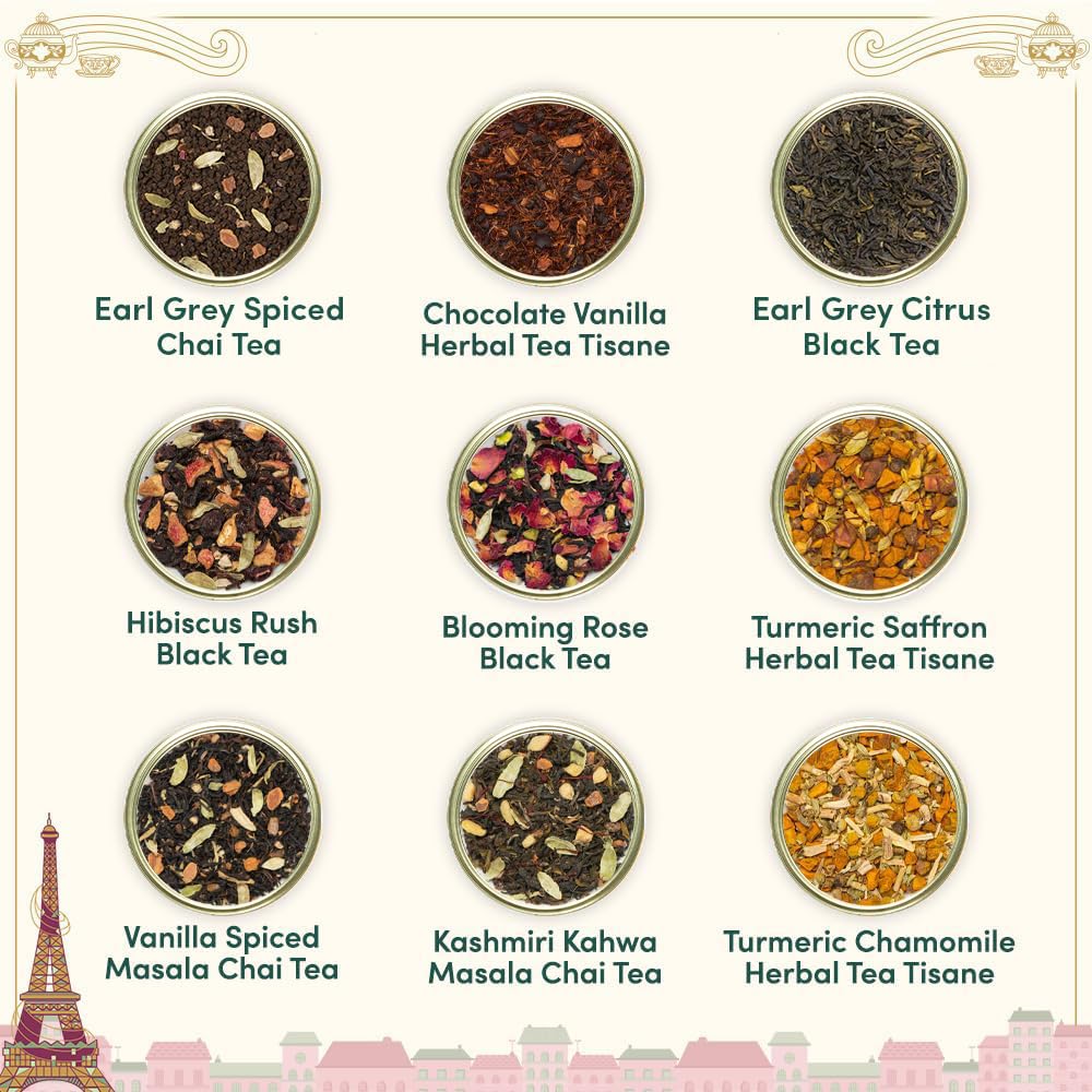 Vahdam, Weekend In Paris Tea Gift Set - 9 Assorted Teas | Travel Edition Gift Box | Natural Ingredients Luxury Tea Set | Gluten