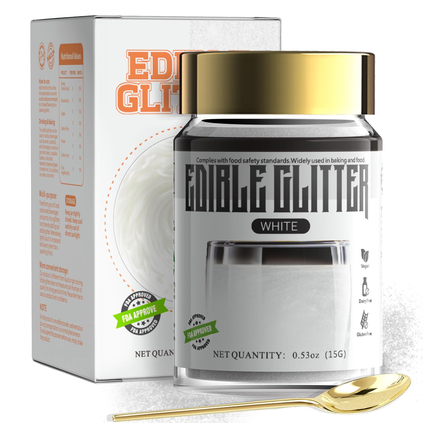 LOCDO Edible Glitter Luster Dust - 100% Food Grade, Vegan, Allergen-Free, Large 15G, Pearl White