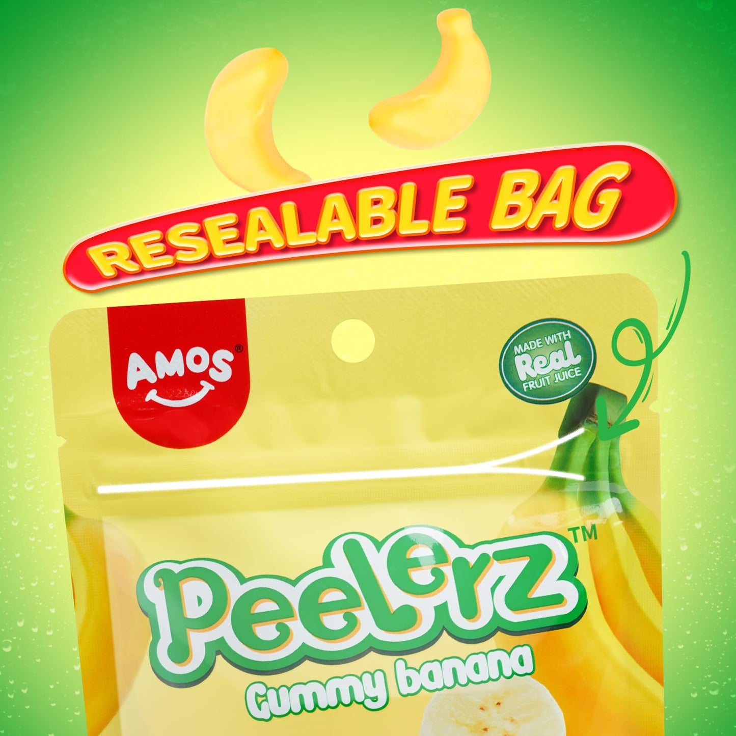 Amos Peelable Banana Gummies, Banana Peeling Candy, Peelerz Fruit Snacks Fat Free, Resealable 2.19Oz Bag