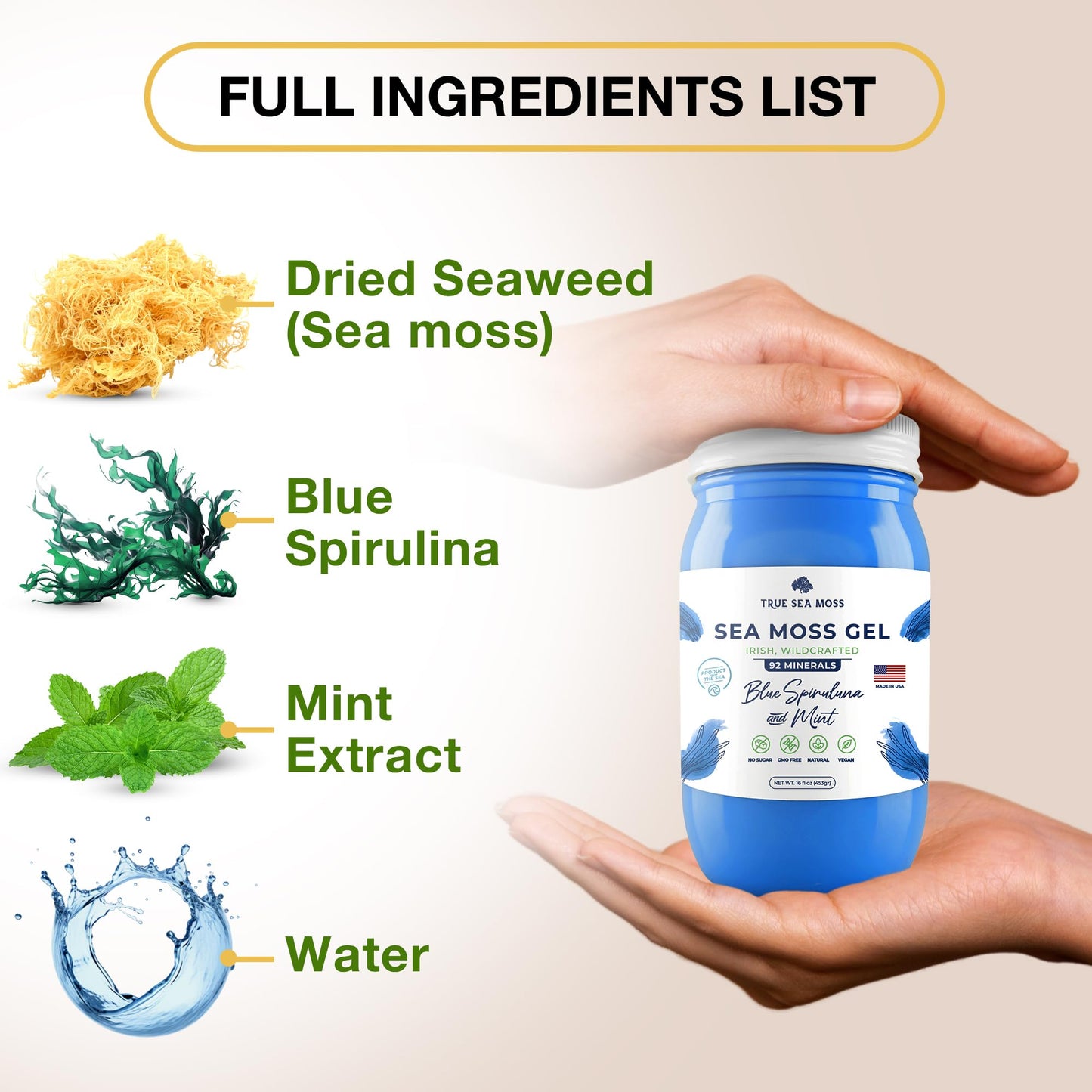 TrueSeaMoss Wildcrafted Irish Sea Moss Gel - 16 Fl Oz - Blue Spirulina - Made in USA - Pack of 1 - Model TSM-201-SPB1