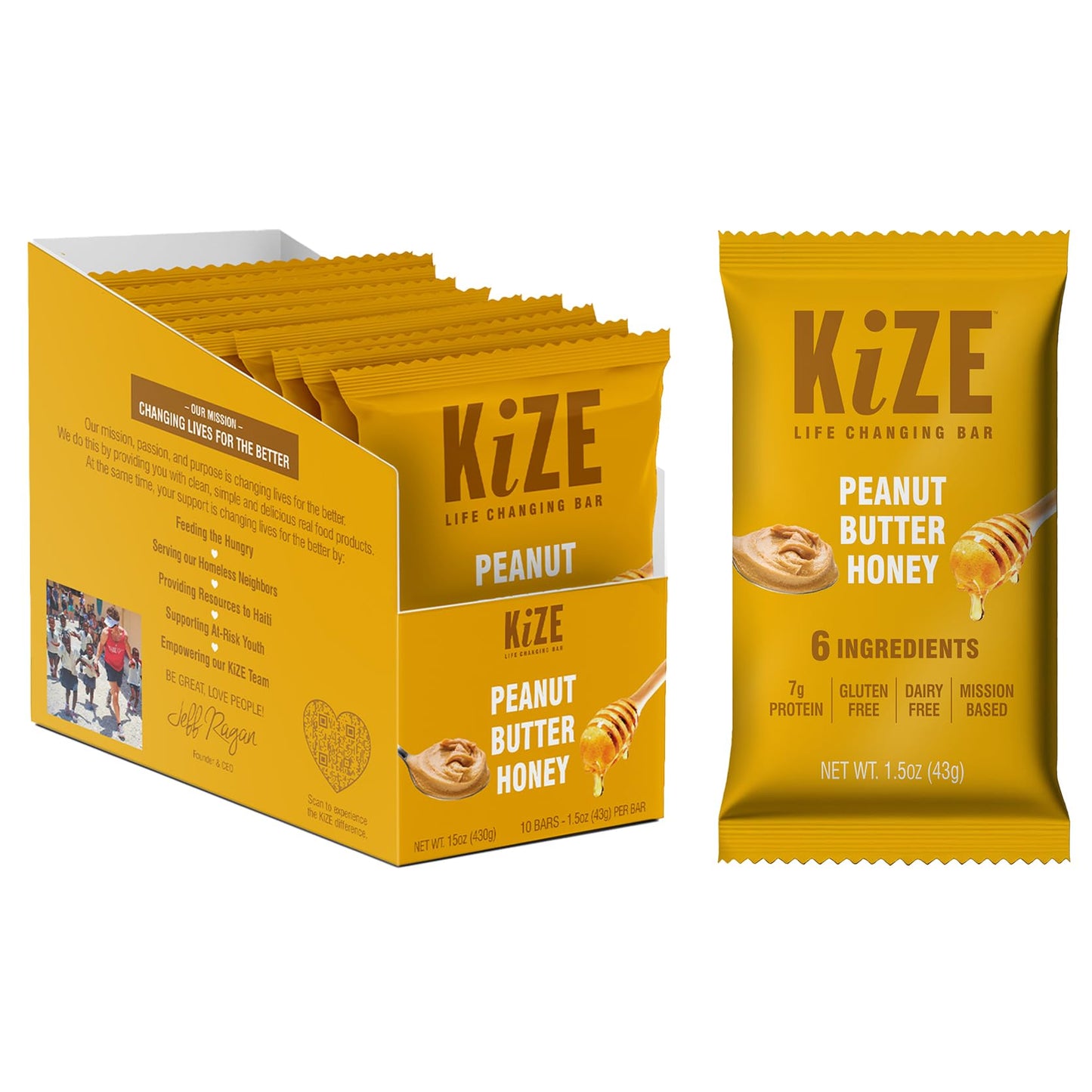 KiZE Energy Bars - Peanut Butter Honey - Gluten Free, High Protein - 10 Count