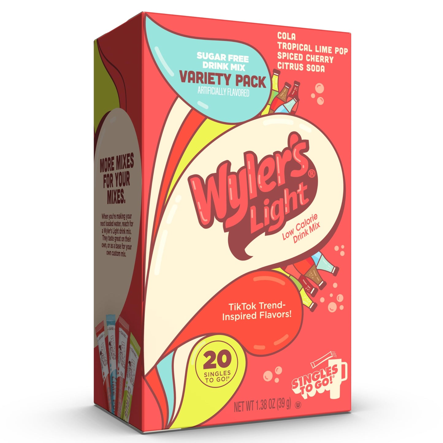 Wylers Light Singles To Go Water Drink Mix, Soda-Inspired Flavor Pack, 20 Sticks (Cola, Tropical Lime Pop, Spiced Cherry, Citrus