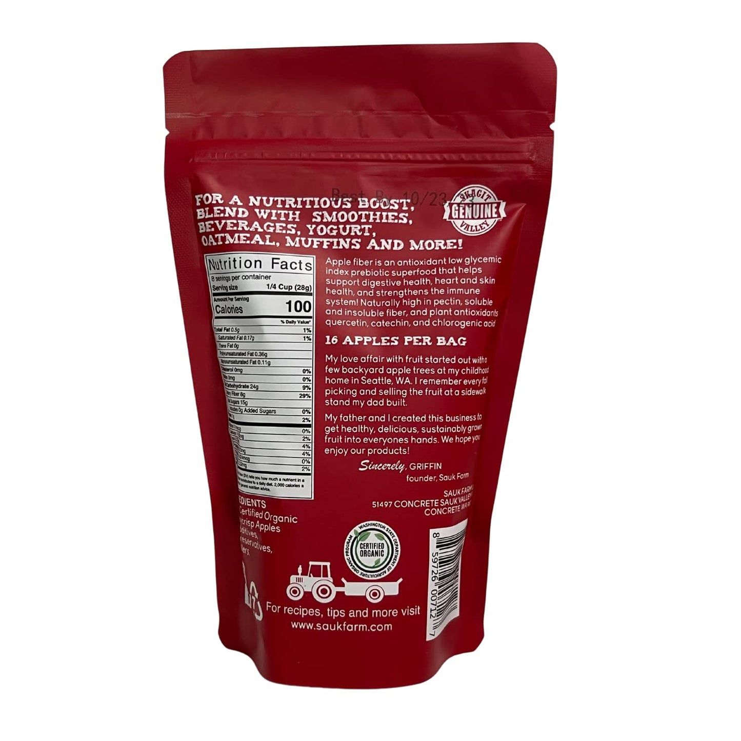 Sauk Farm Honeycrisp Apple Fiber, Organic, Vegan, 8 Ounce, Brown/Red/White