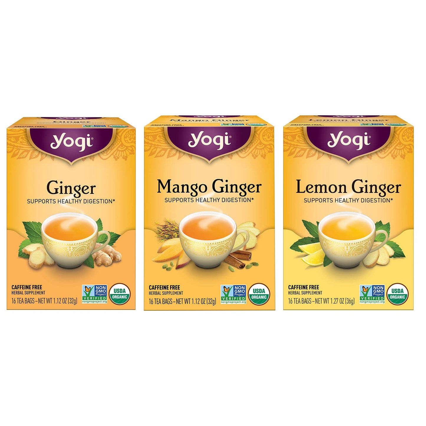 Yogi Tea Ginger Variety Sampler - 16 Bags Per Pack (3 Packs) - Caffeine-Free, Organic Nausea Relief Teas – Supports Digestion - Includes Ginger, Mango & Lemon Flavors