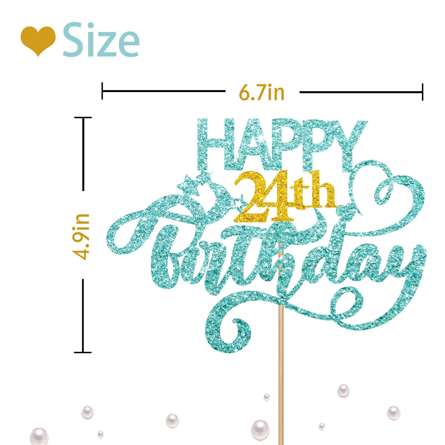 Sky Blue Glitter Happy 24Th Birthday Cake Topper, Twenty Four Years Old Birthday Party Cake Decor, Gold Number 24 Birthday Party