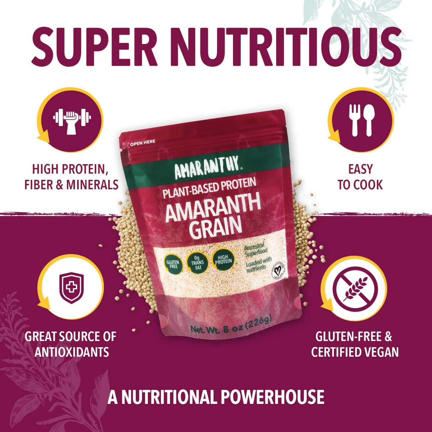 Amaranthy Amaranth Grain - High Protein - High Fiber - Gluten Free (1 Bag 8 Oz.)
