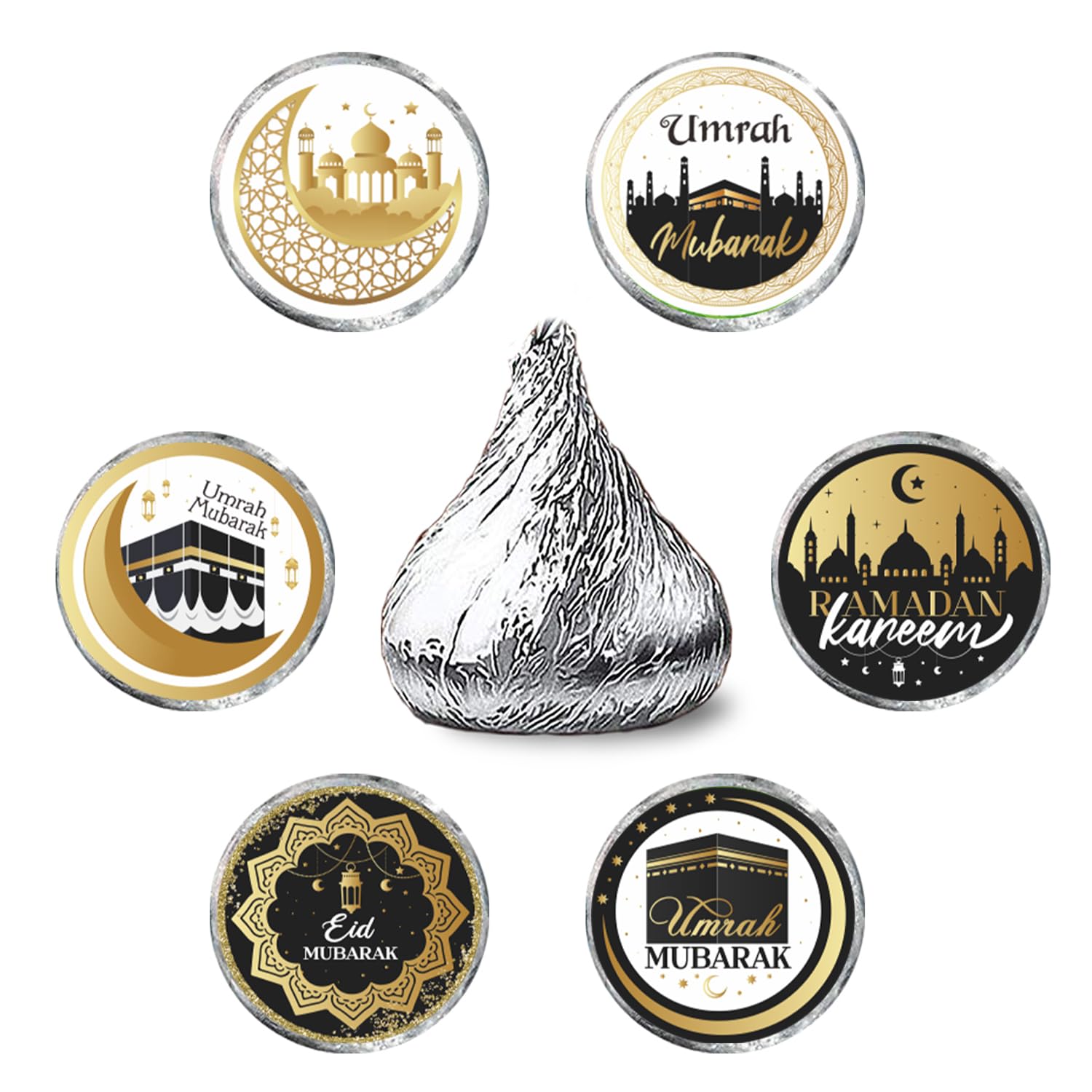 Eid Mubarak Kiss Sticker Labels - Ramadan Kareem Party Round Candy Sticker Favors - Muslim Eid Party Labels Fit Chocolate Candy 