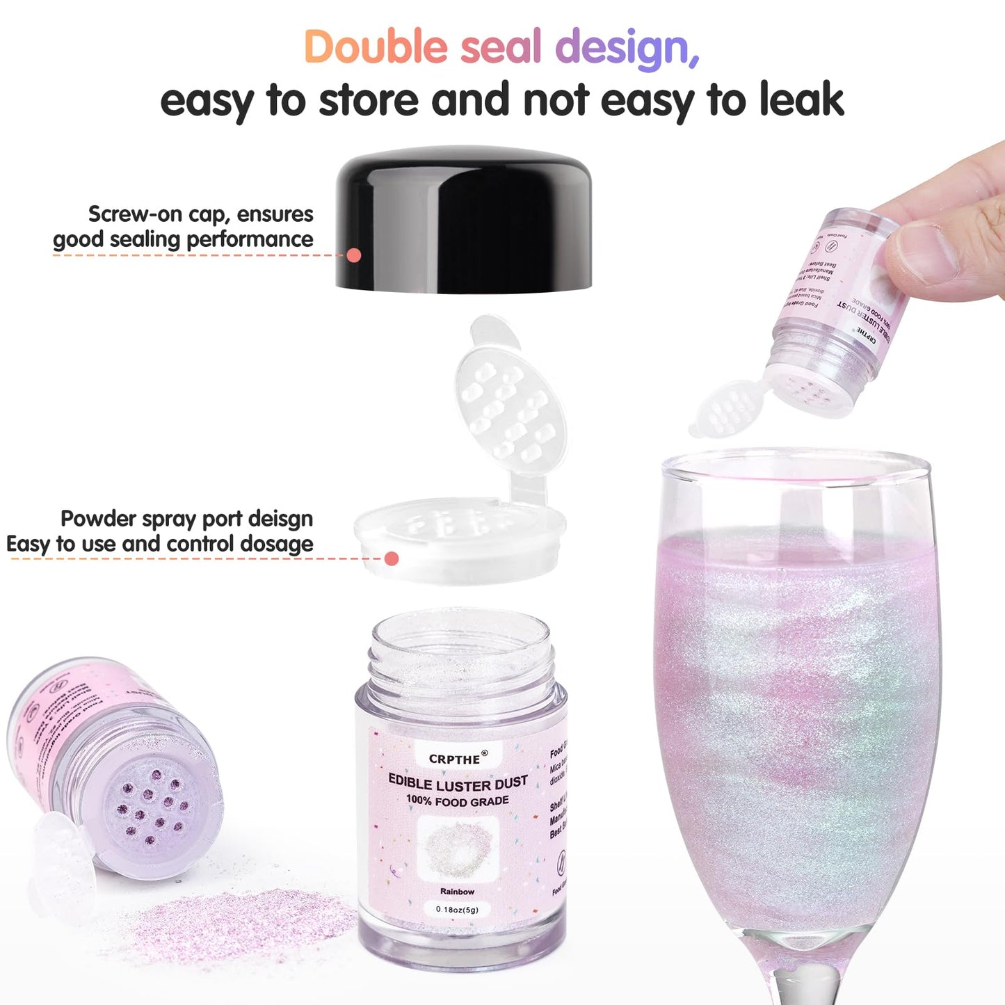 CRPTHE 6 Colors Luster Dust Edible Set, Edible Glitter for Drinks, Food Grade Glitter Shimmer Sprinkle Powder for Cocktails, Bak