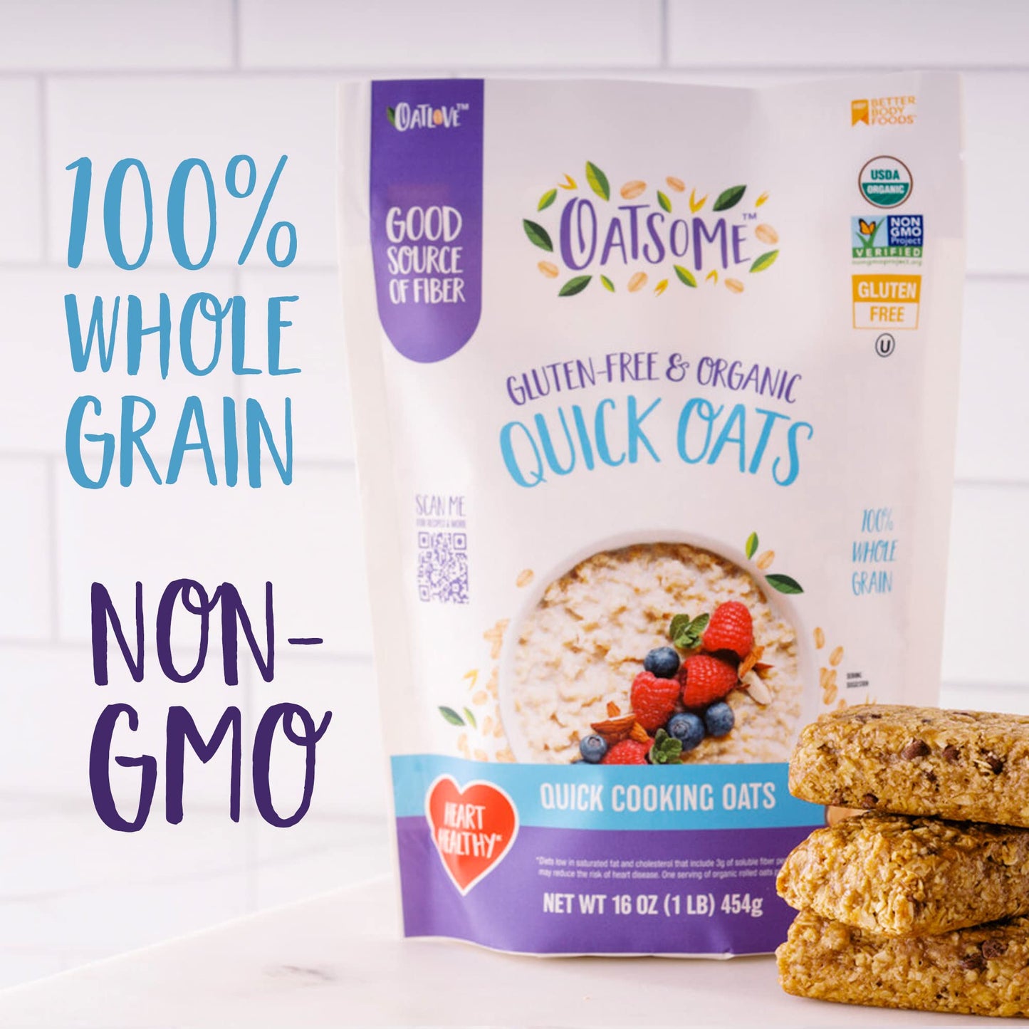 Oatsome Organic Quick Oats, 1Lb Bag - Gluten-Free, Whole Grain Oats For Oatmeal, Baking, & Granola