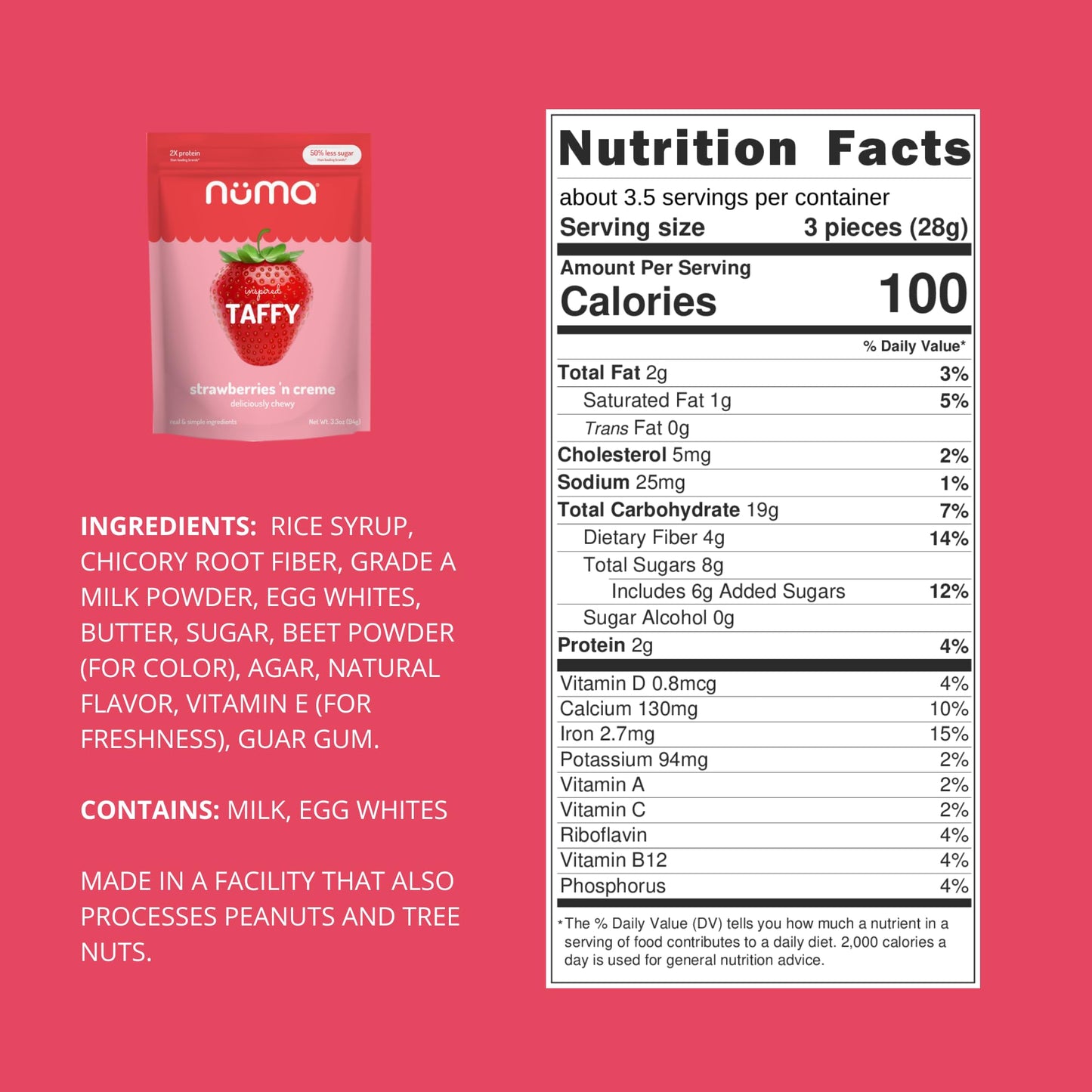 Numa Taffy Candy - Strawberries And Creme: Made With Real & Simple Ingredients - Low Sugar, High Protein, Low Calorie, All Natur