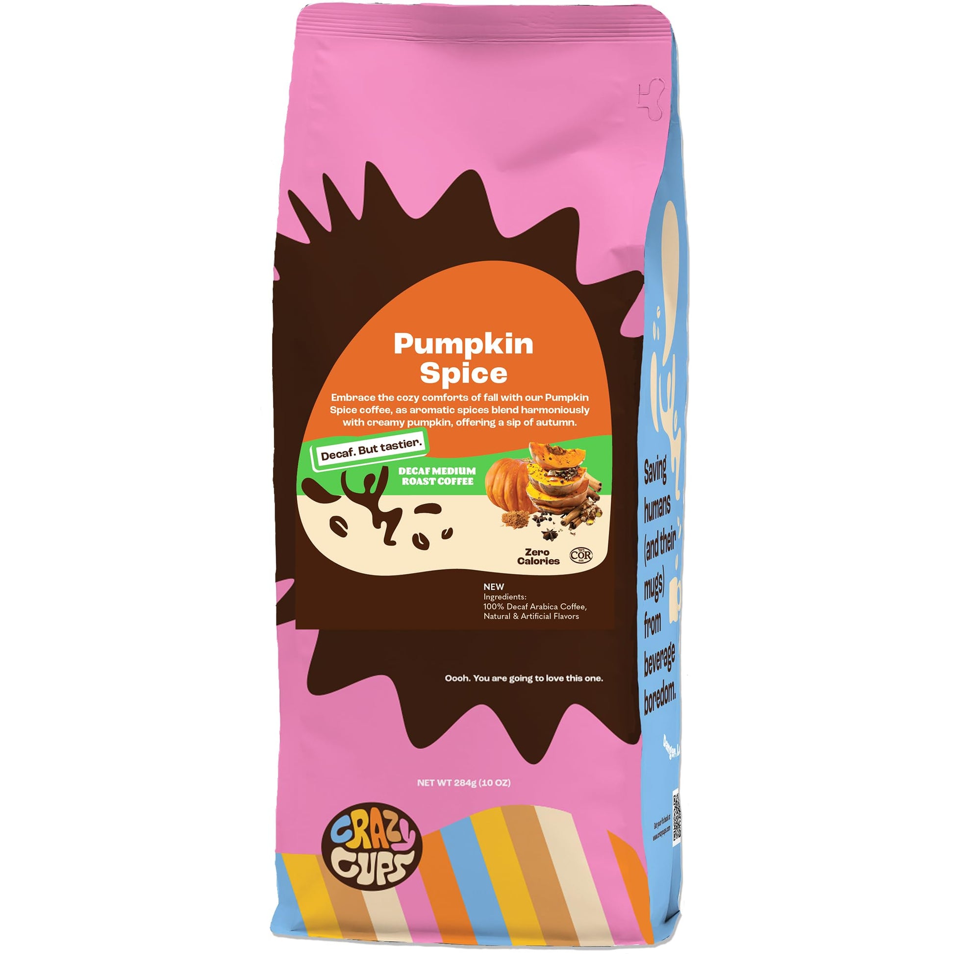 Crazy Cups Decaf Flavored Ground Coffee  Decaffeinated Pumpkin Spice Coffee  For Brewing Flavored Hot or Iced Decaf Pumpkin Coffee  10oz