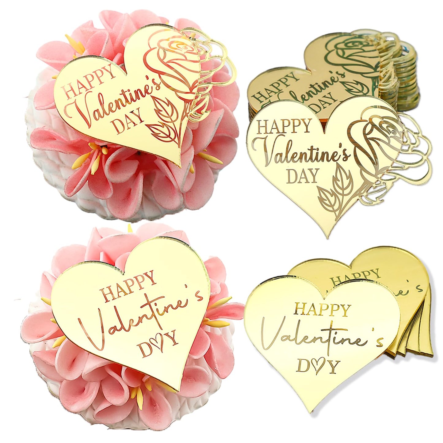 Aiqi Bakes 24Pcs Rose Carving Gold Mirror Acrylic Heart Shape Happy Valentine'S Day Cupcake Decorations, Valentine'S Day Cake Pa