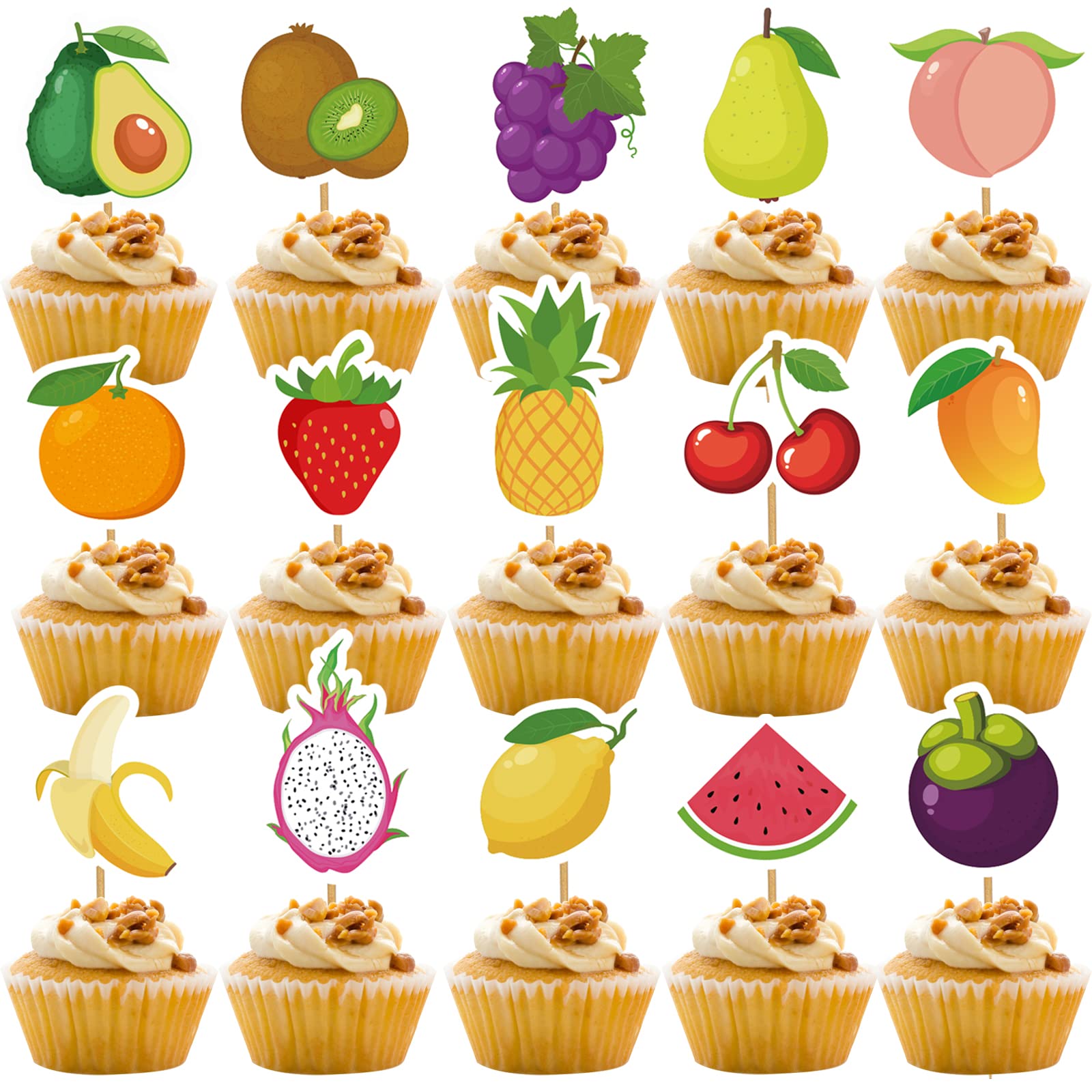 Mulukaya Fruit Cupcake Toppers, 30 Pcs, Paper, Watermelon Lemon Grape Banana Strawberry, Model 552, Party Decorations