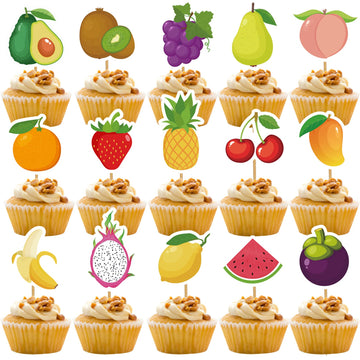 Mulukaya Fruit Cupcake Toppers, 30 Pcs, Paper, Watermelon Lemon Grape Banana Strawberry, Model 552, Party Decorations