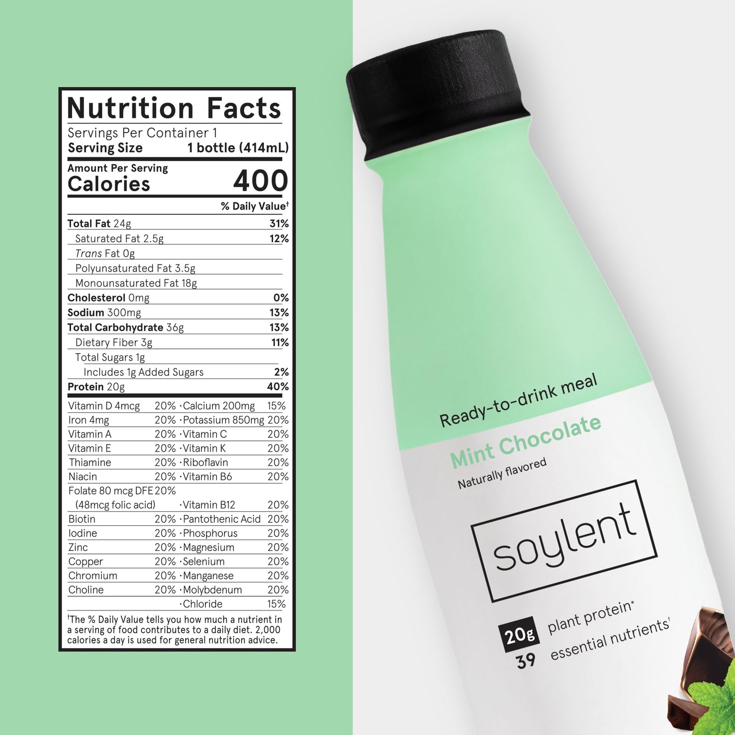 Soylent Mint Chocolate Meal Replacement Shake, Ready-to-Drink Plant Based Protein Drink, Contains 20g Complete Vegan Protein and