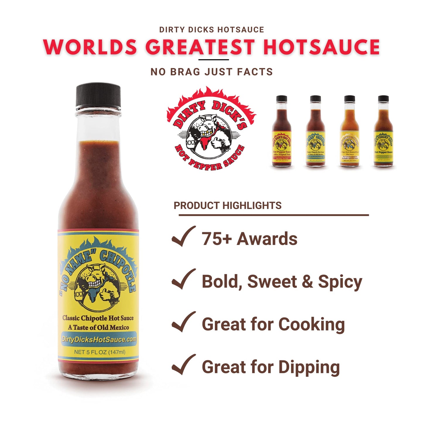Dirty Dicks No Name Chipotle Hot Sauce, 5 Fl Oz - Smoky Mole-Style Flavor With A Spicy Kick (Pack Of 1)