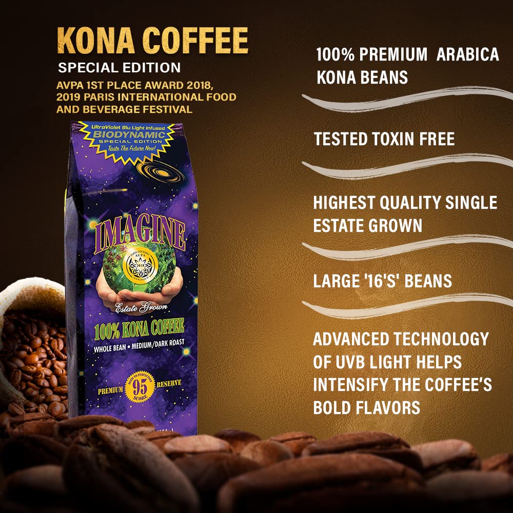 Imagine Kona Ultraviolet Blu Light Infused Biodynamic Special Edition | Organic Whole Coffee Beans | Made From Premium Hawaiian