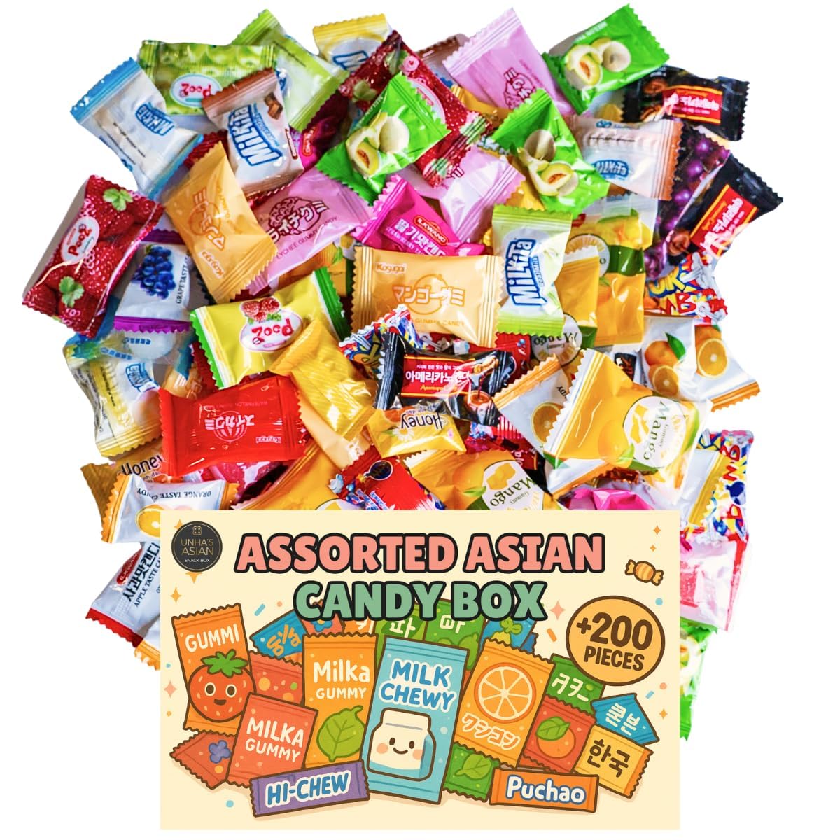 Asian Candy Variety Box - Korean, Japanese, China, Taiwan, and Vietnam. 2.10 lb Bulk Box - 200 Individually Wrapped Gummies, Taf