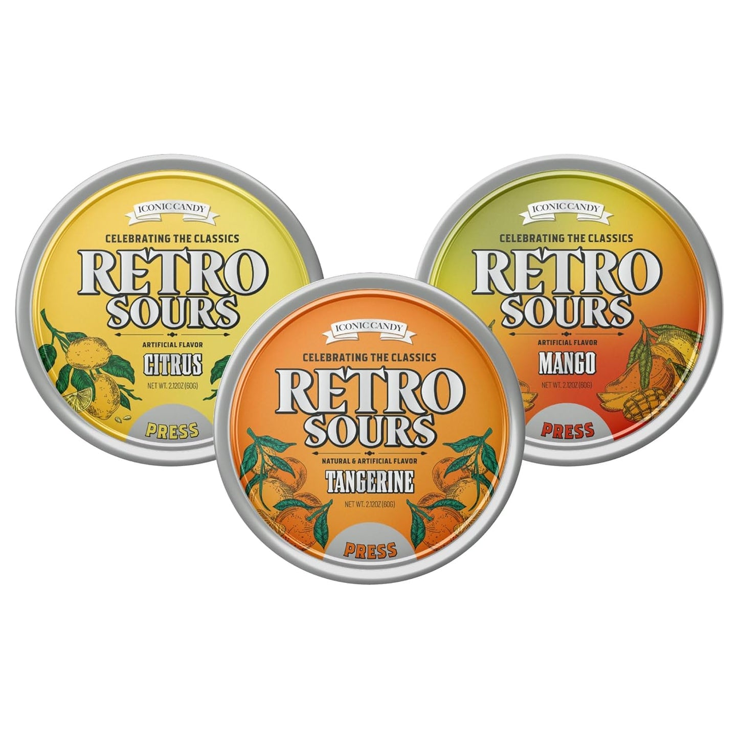 Retro Sours - Hard Tangy Old Fashion Candy in Citrus  Mango & Tangerine Flavors - Nostalgic Candy Pack of 3 Tins (All Flavors)