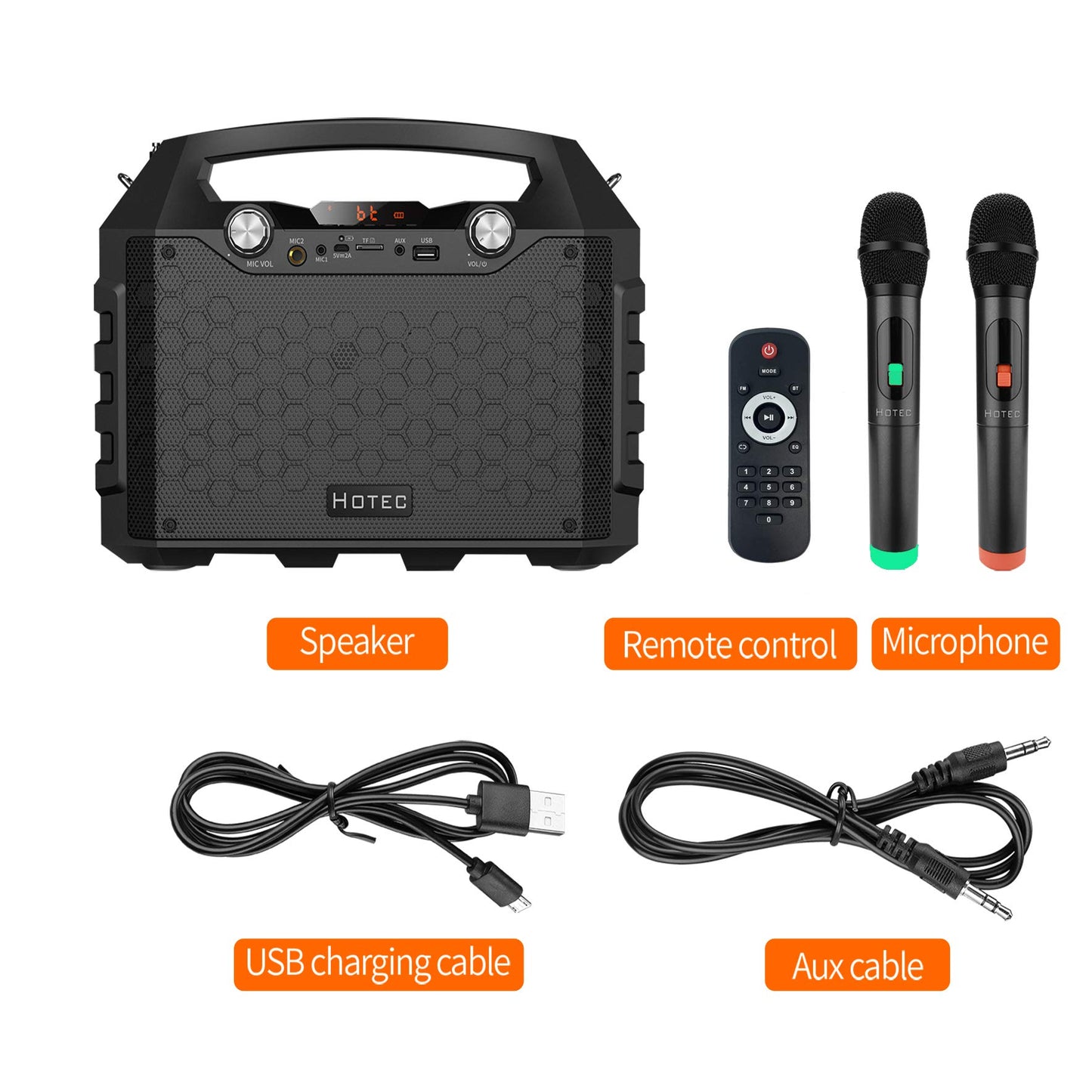 Hotec Wireless Bluetooth Portable Pa Speaker System, Powerful Bluetooth Karaoke Machine With Dual Wireless Microphones For Karao