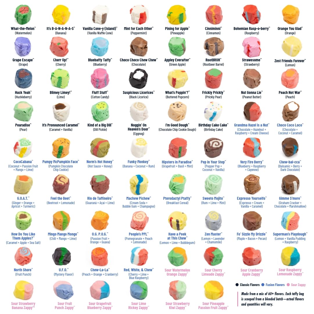 Taffy Shop, The Whole Chewbang, Assortment Of 60+ Flavors -Salt Water Taffy– Gourmet Soft Chewy Candy, Bulk Sweet Snack, Fresh Gift & Gluten-Free, 140 Individually Wrapped Pieces (32Oz)