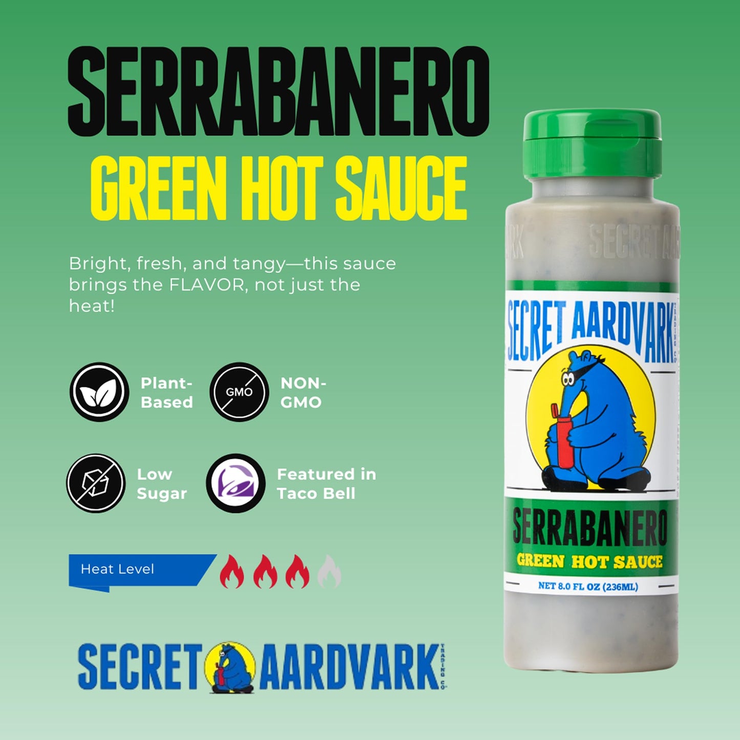 Secret Aardvark Hot Sauce - Serrano & Green Habanero, Non-GMO, Low Carb, 8 Fl Oz (Pack of 3)