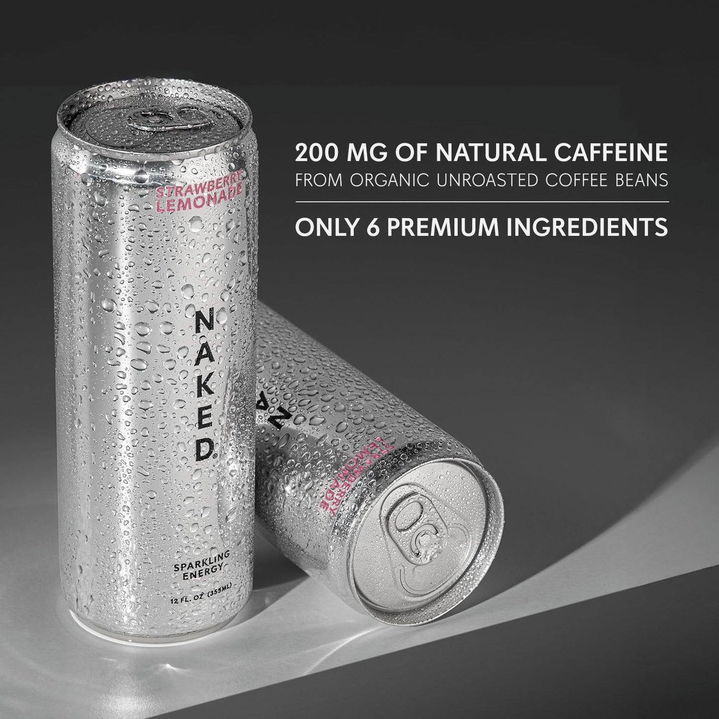 Naked Sparkling Energy Drink - Strawberry Lemonade  Organic Caffeine  Organic Lemon Juice  Zero Sugar  No Sucralose  Naturally Sweetened  Natural Energy Drinks  Vegan  Gluten-Free  Non-GMO - 12oz Cans (Pack of 12)