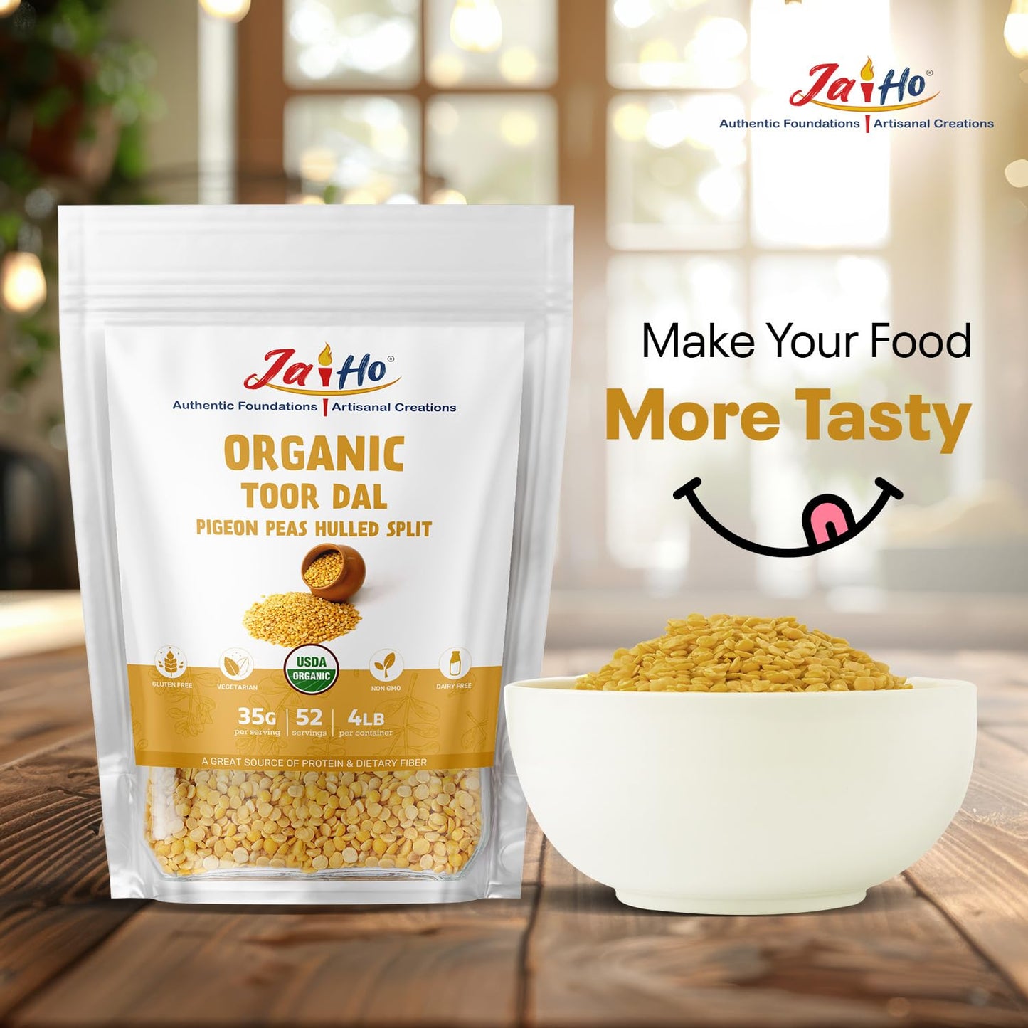 Jai Ho Certified Organic Toor Daal 4 Lb | Pigeon Peas Hulled Split | Indian Toor Daal | Usda Organic | Non-Gmo | Chemical-Free |