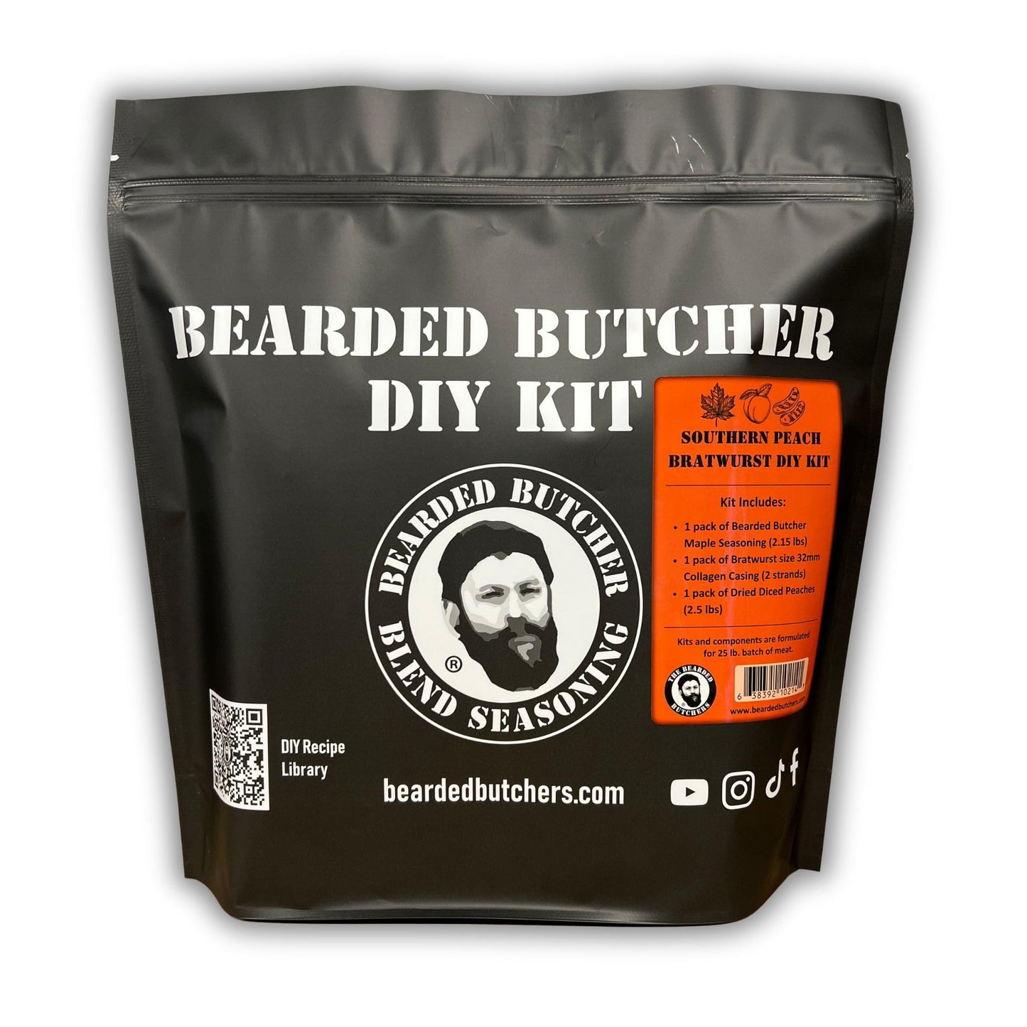 BEARDED BUTCHER BLEND SEASONING Southern Peach Bratwurst DIY Kit - 81 oz, Includes Maple Seasoning, Casings, Diced Peaches