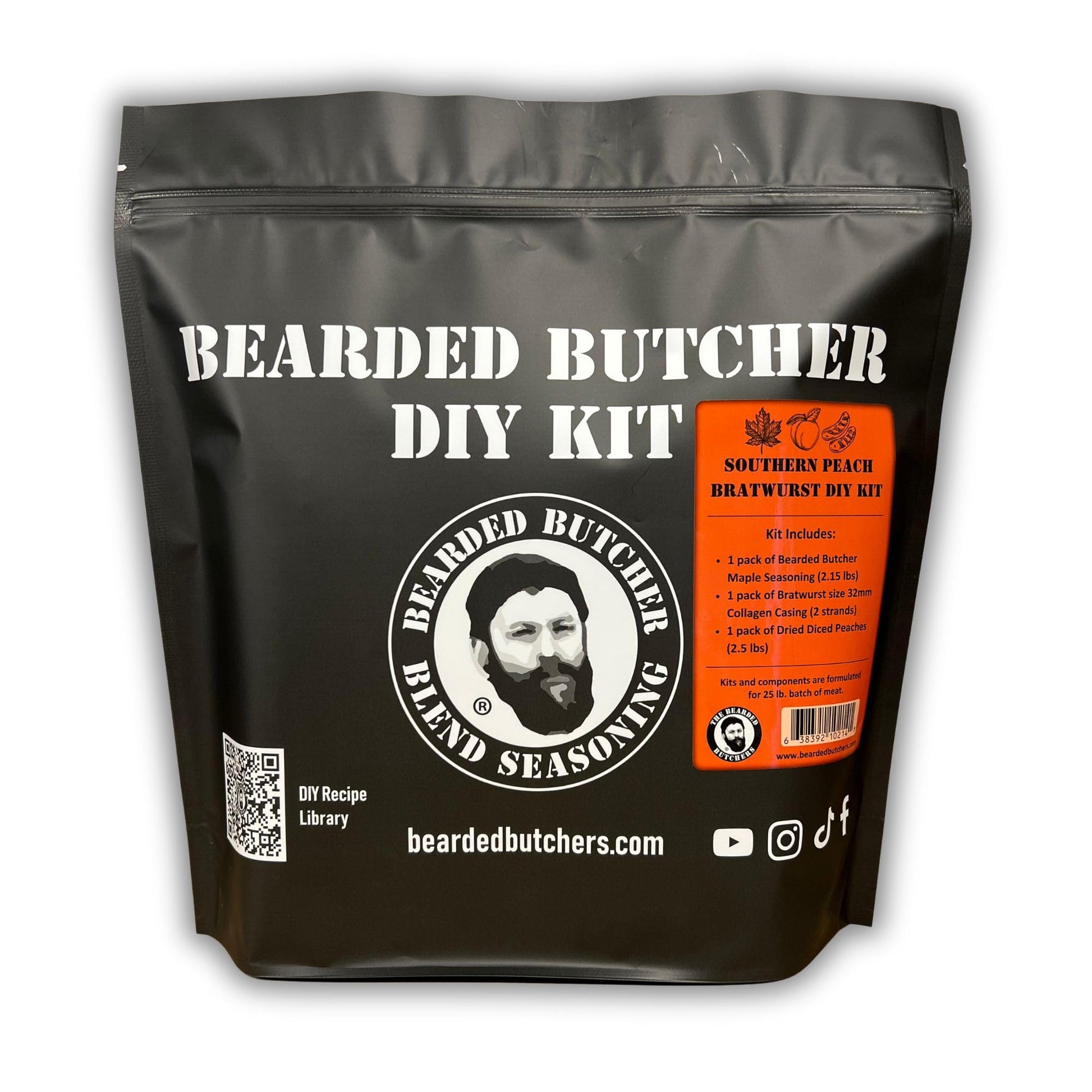 BEARDED BUTCHER BLEND SEASONING Southern Peach Bratwurst DIY Kit - 81 oz, Includes Maple Seasoning, Casings, Diced Peaches