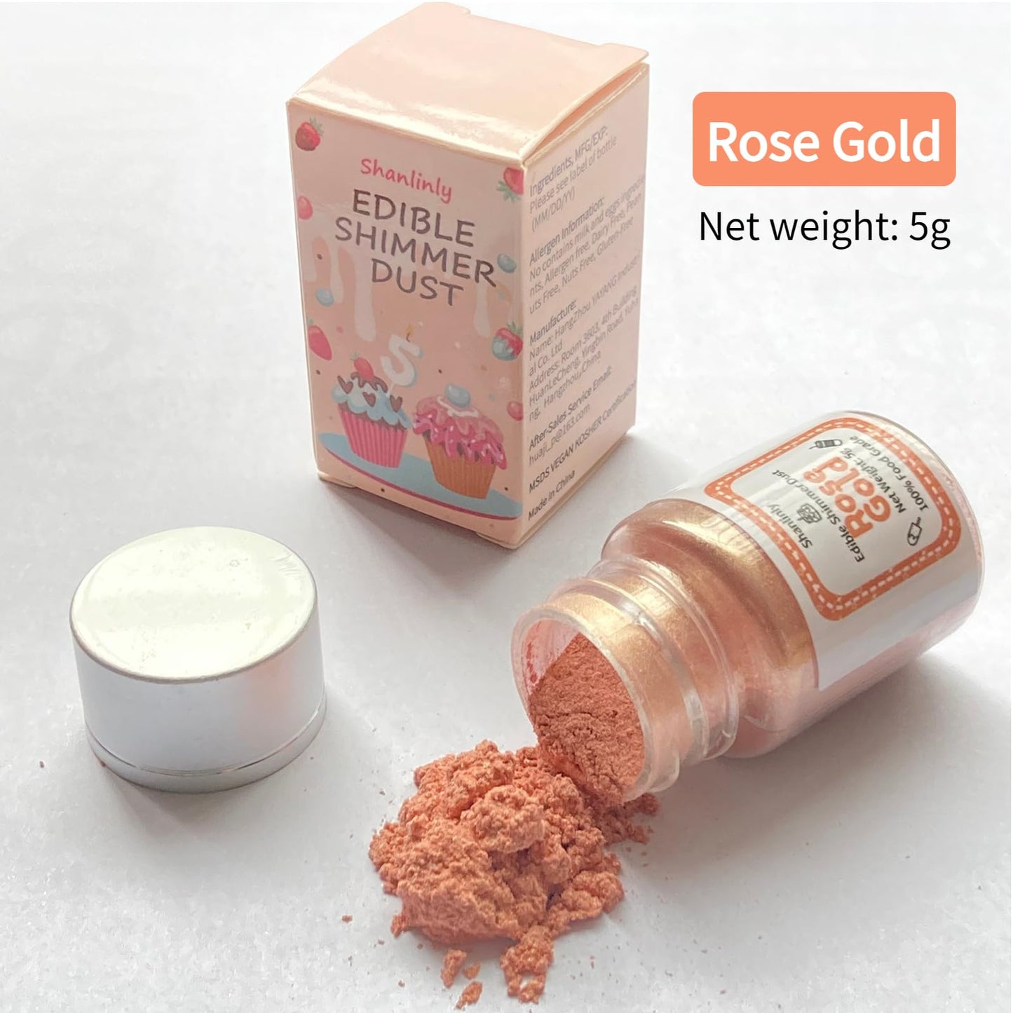 Shanlinly Rose Gold Luster Dust Edible - 5 Grams Food Grade Cake Dust Shimmer Powdered, Edible Metallic Powder Food Coloring for