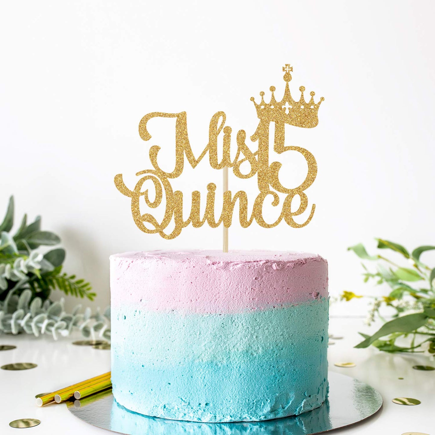 Mis Quince 15 Cake Topper, Hello 15, Cheers To 15 Years, 15Th Birthday/Anniversary Party Decorations Gold Glitter.